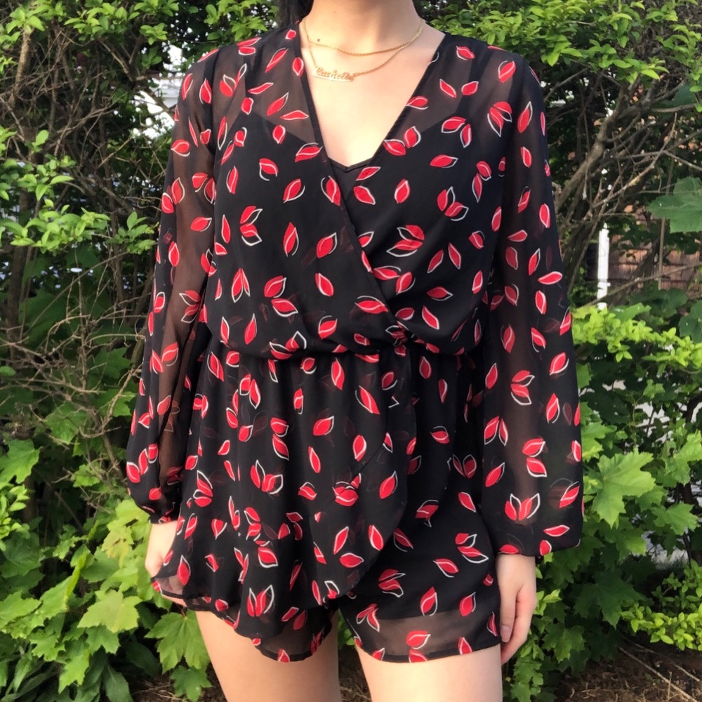 Express Red Leaves Black V-Neck Romper